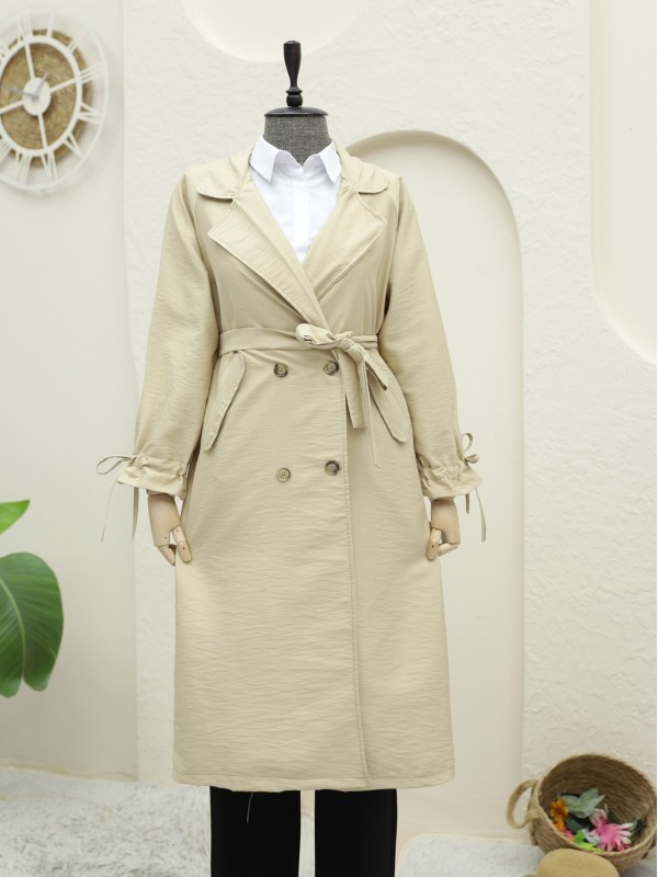 Kolu Manşeti Bağcıklı Kemerli Kap -Bej