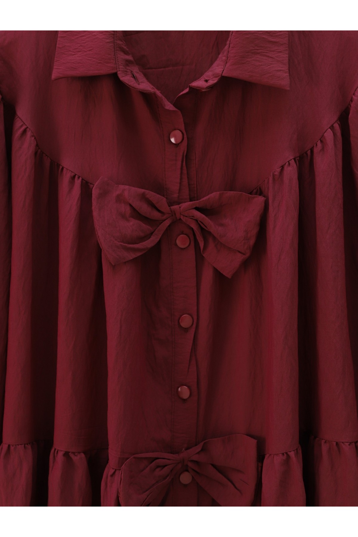 Önü Fiyonk Detaylı Parçalı Gömlek  -Bordo