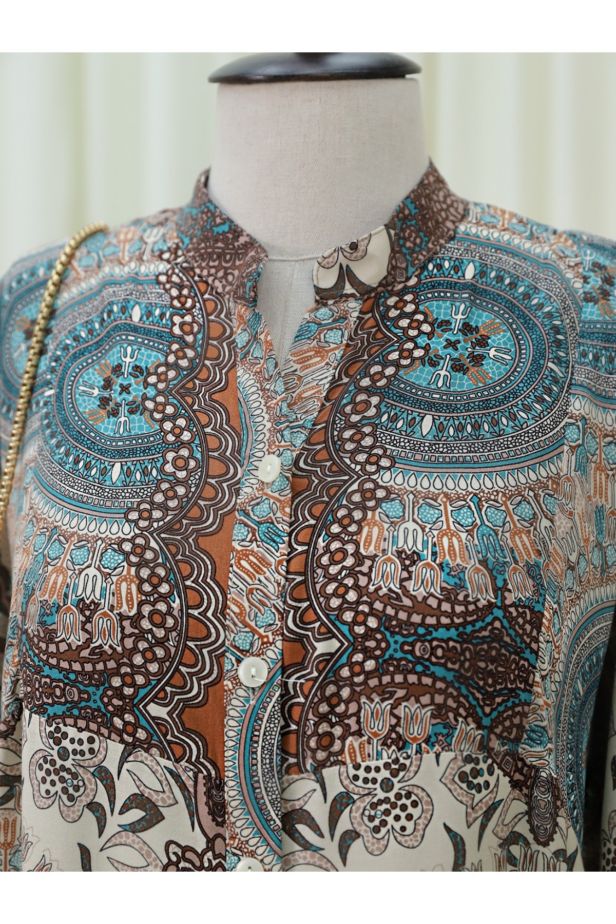 Dik Yaka Yarım Düğmeli Parçalı Elbise  -Açık Kahve