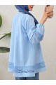 Dantel Detaylı Yakası Bağlamalı Kolu Lastikli Gömlek  -Mavi