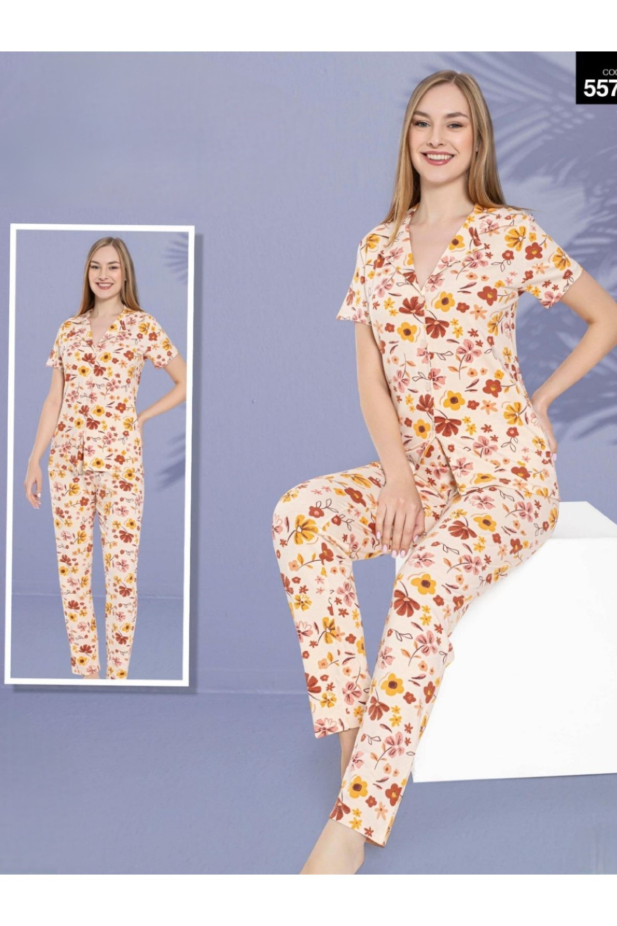 Büyük Çiçekli Düğmeli Kısa Kollu Pijama Takımı -Somon