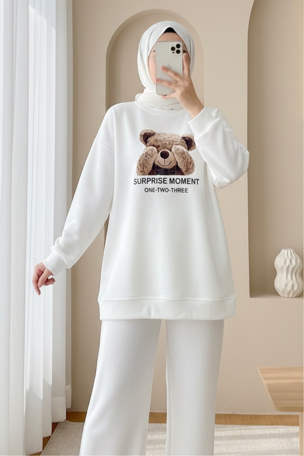 Ayıcık Baskılı Şardonlu 3 İplik Sweat Takım  -Beyaz