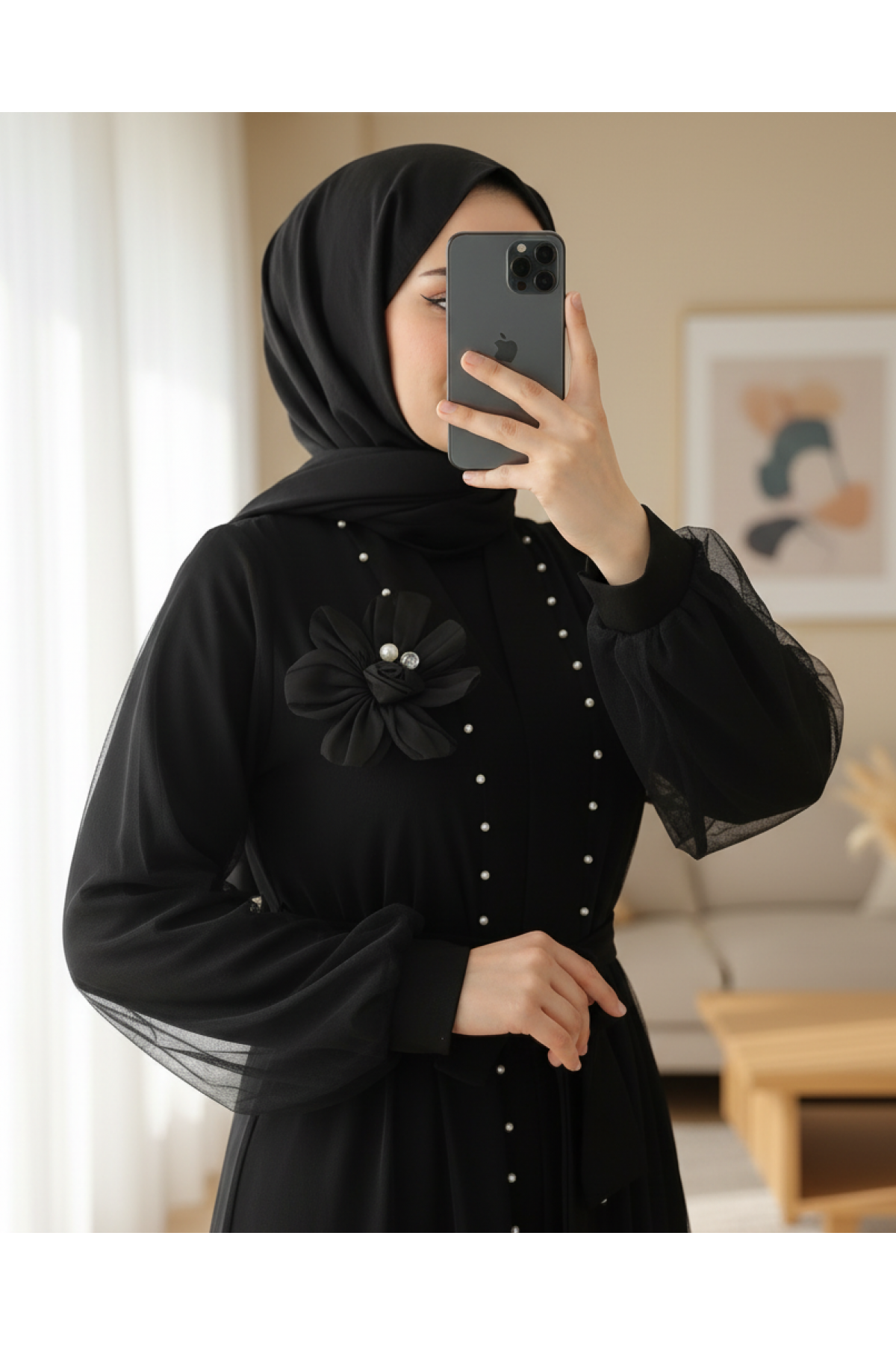 Yakası Gül Detaylı İncili Eteği Şeritli  İkili Abaya  Takım  -Siyah