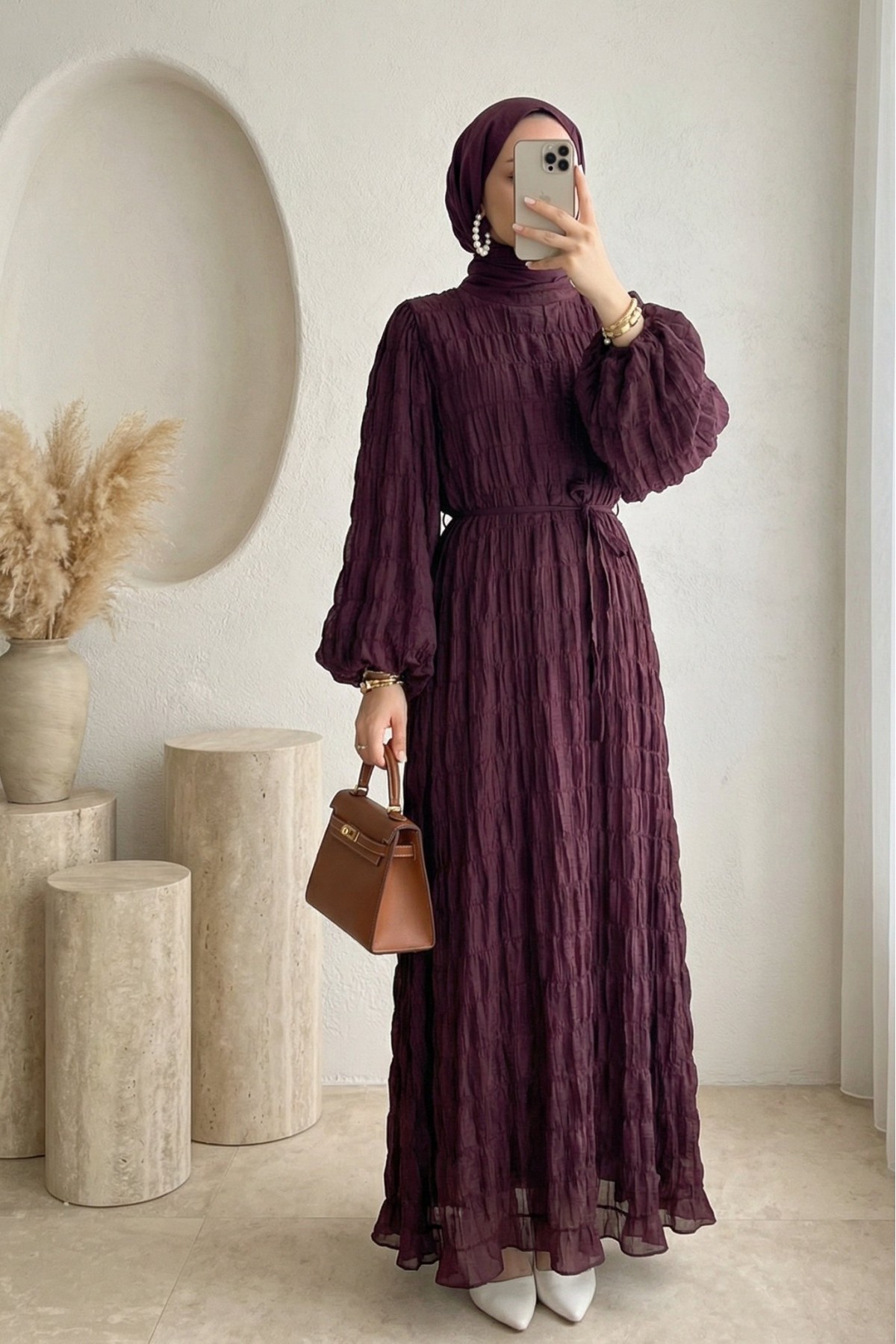 İçi Astarlı Kolu Lastikli Gipeli Modal Elbise -Mürdüm