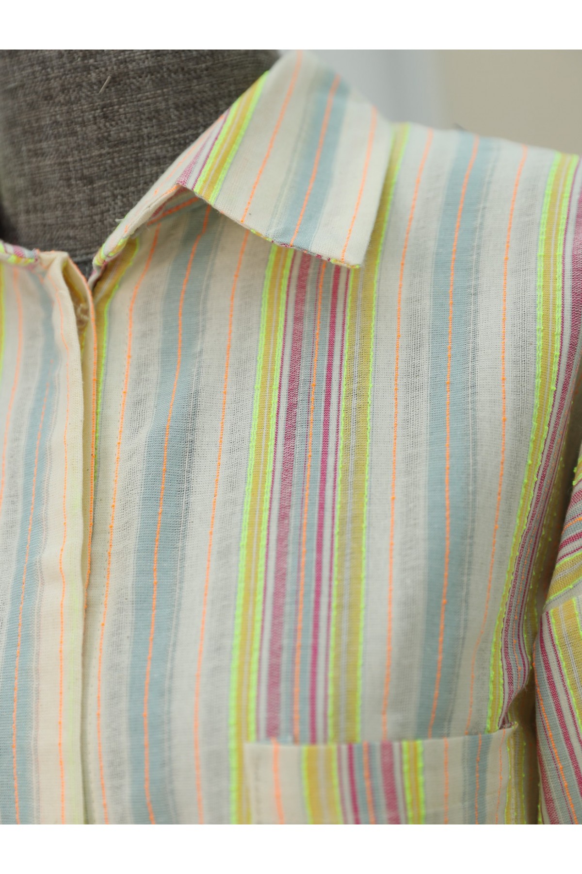 Kabartma Çizgili Tek Cepli Oversize Gömlek -Fosfor Y.