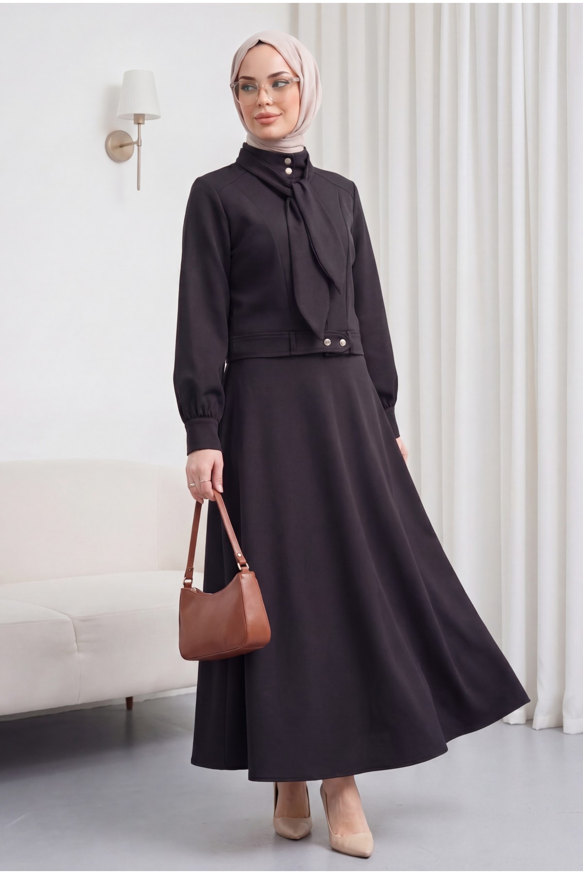Gizli Düğmeli Fular Detaylı Etekli Diagonal Takım   -Siyah