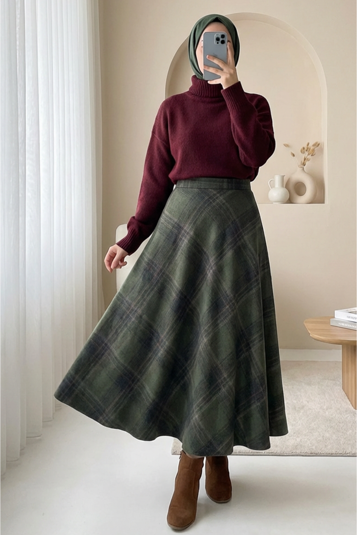 Ekose Desenli Yanı Fermuarlı  Kaşe Çan Etek -Haki