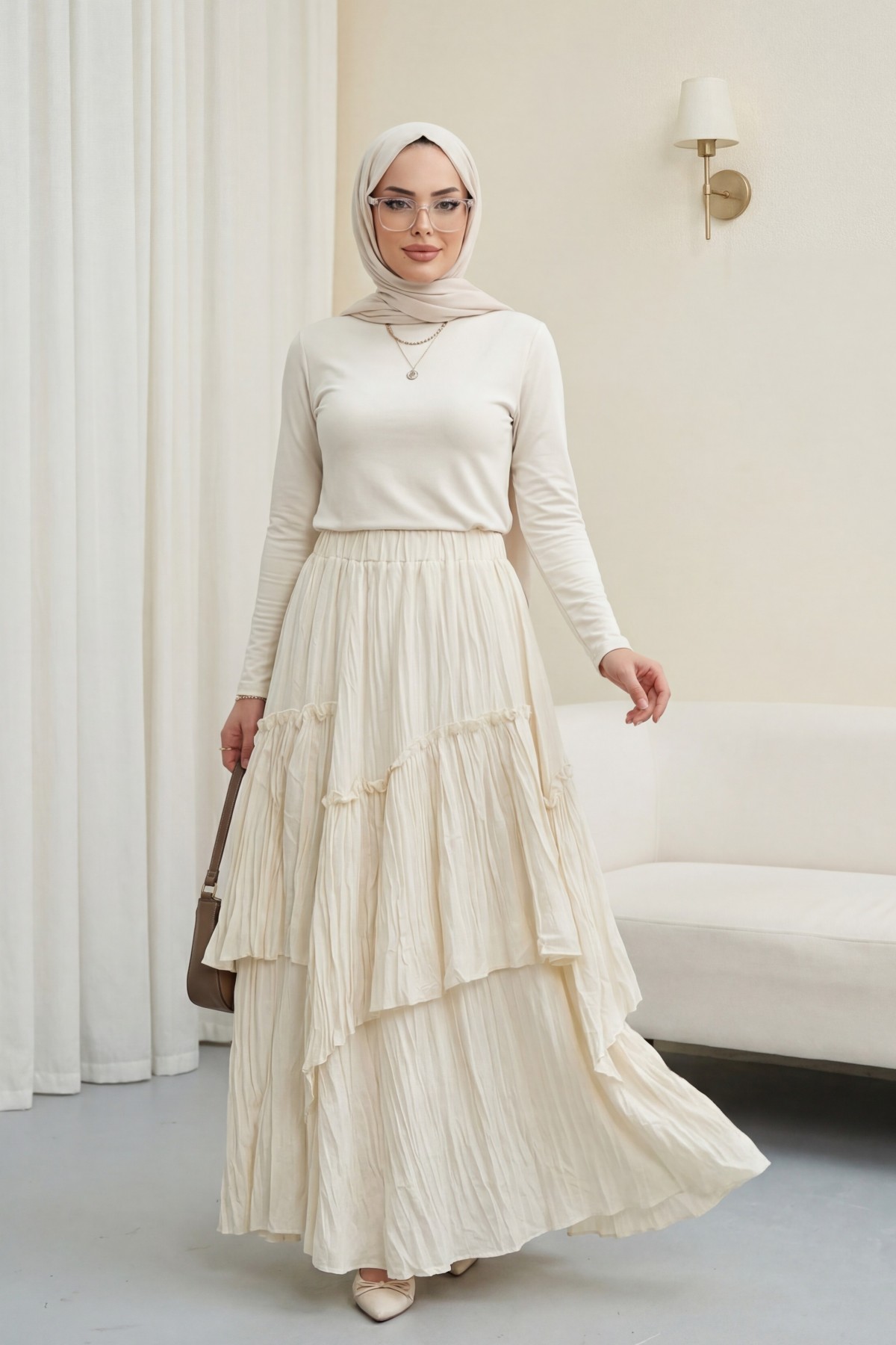 Beli Lastikli Keten Vual Katlı Etek -Ekru