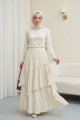 Beli Lastikli Keten Vual Katlı Etek -Ekru