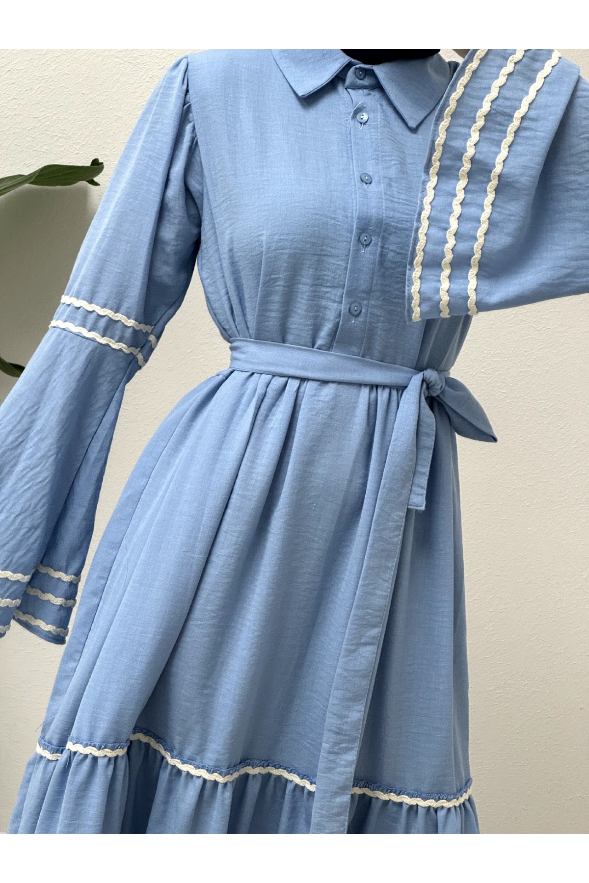 Kolları Ve Eteği Süzene Işlemeli Parçalı Elbise    -Bebe Mavi