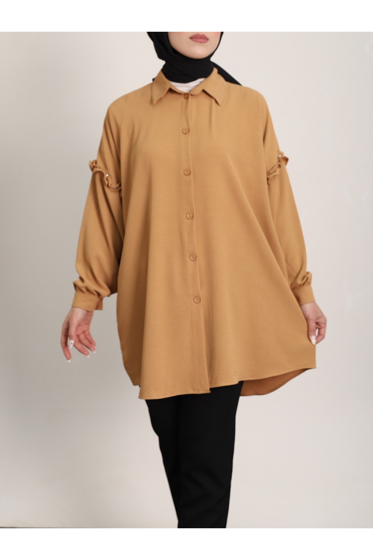 Kolları Taşlı Fırfırlı Salaş Ayrobin Tunik  -Tarçın