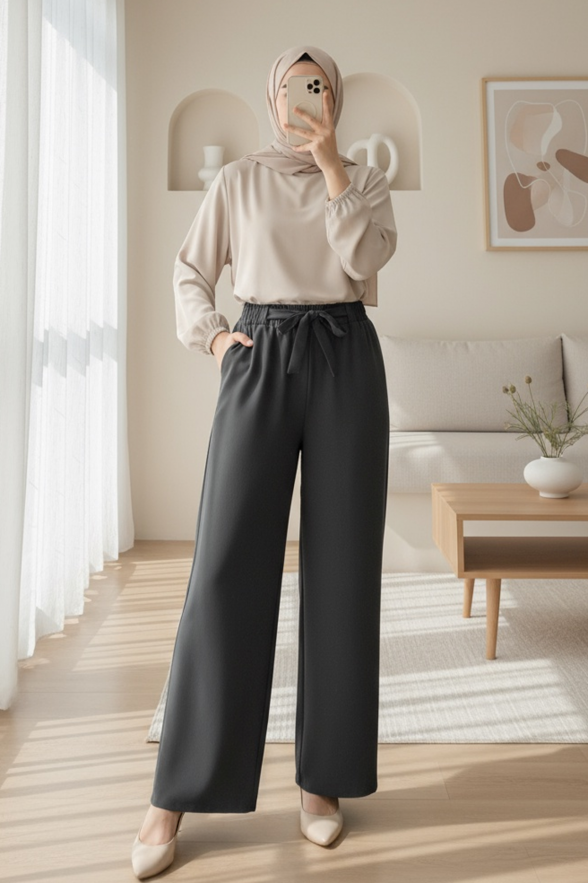 Duble Kumaş Beli Kuşaklı Bol Paça Pantolon    -Füme