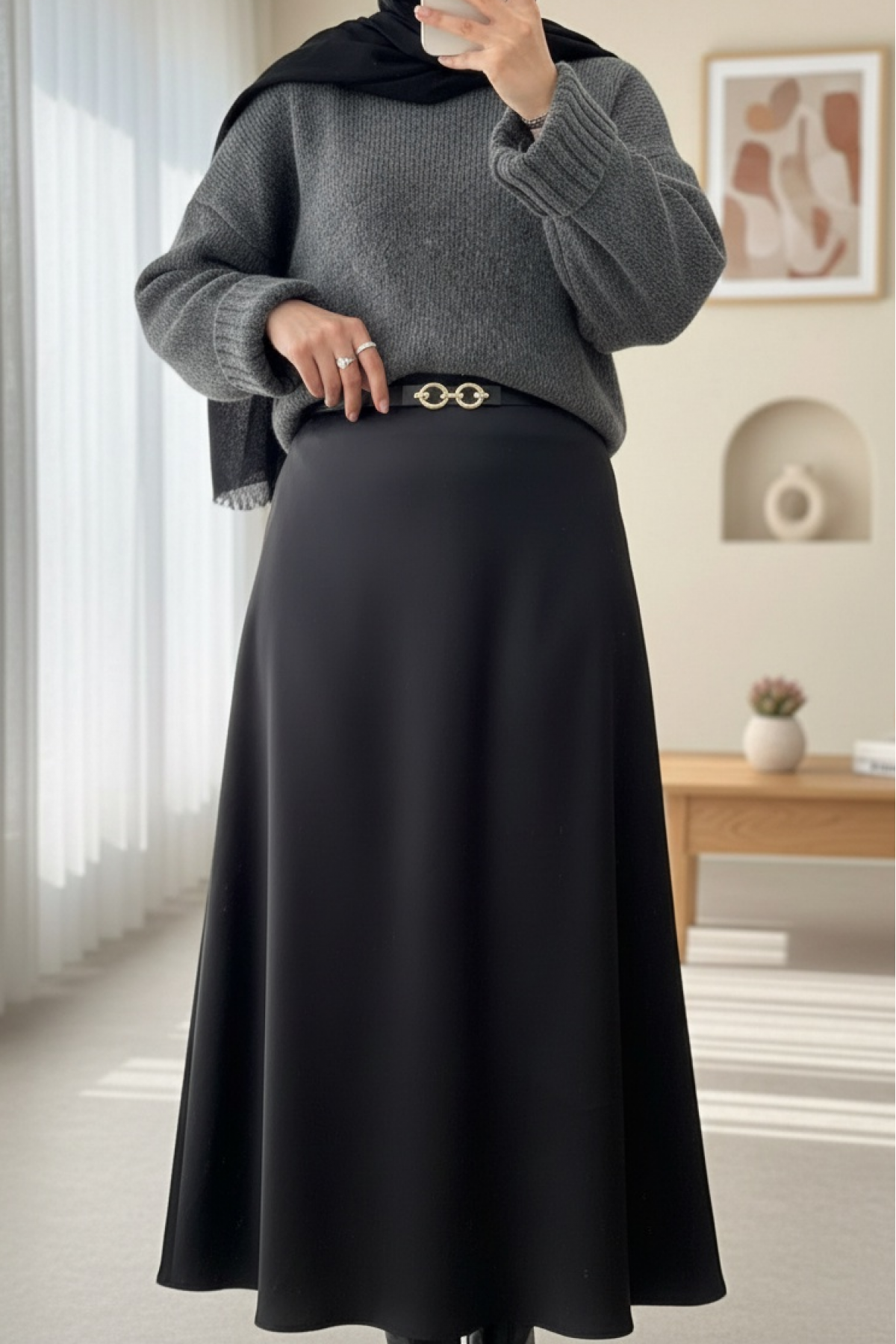 Beli Lastikli Saten Etek -Siyah