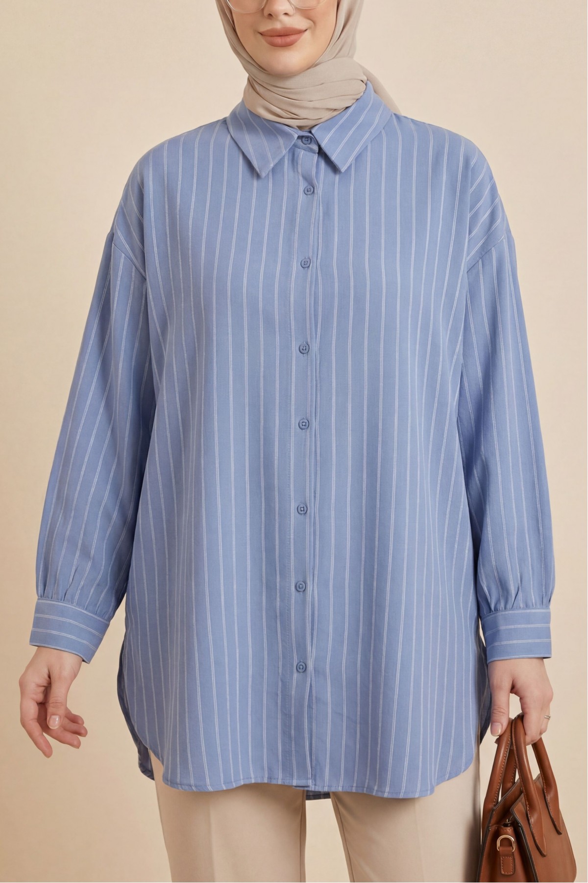 Çizgili Yırtmaçlı Salaş Linda Gömlek -Buz Mavi