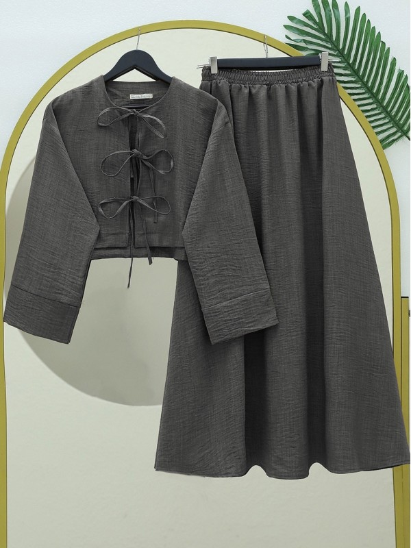 Önü Bağcıklı Beli Lastikli Etekli Keten Takım  -Antrasit