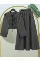 Önü Bağcıklı Beli Lastikli Etekli Keten Takım  -Antrasit