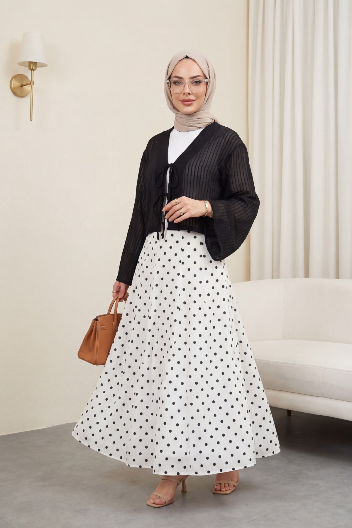 Arkası Fermuarlı Puantiyeli Astarlı Etek -Beyaz