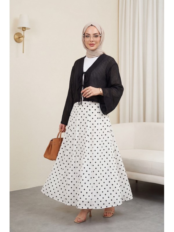 Arkası Fermuarlı Puantiyeli Astarlı Etek -Beyaz