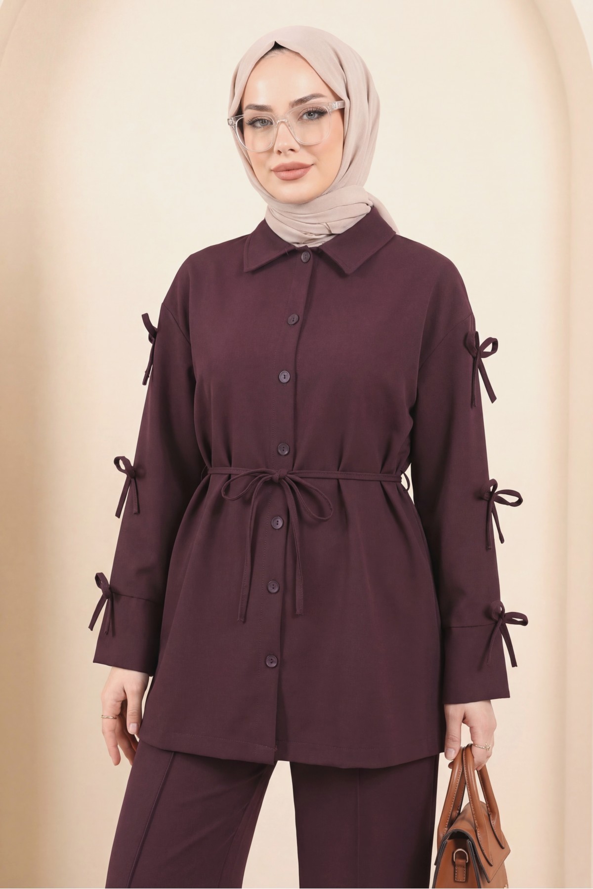 Kolları Fiyonk Detaylı İthal Krep Pantolonlu Takım -Mürdüm