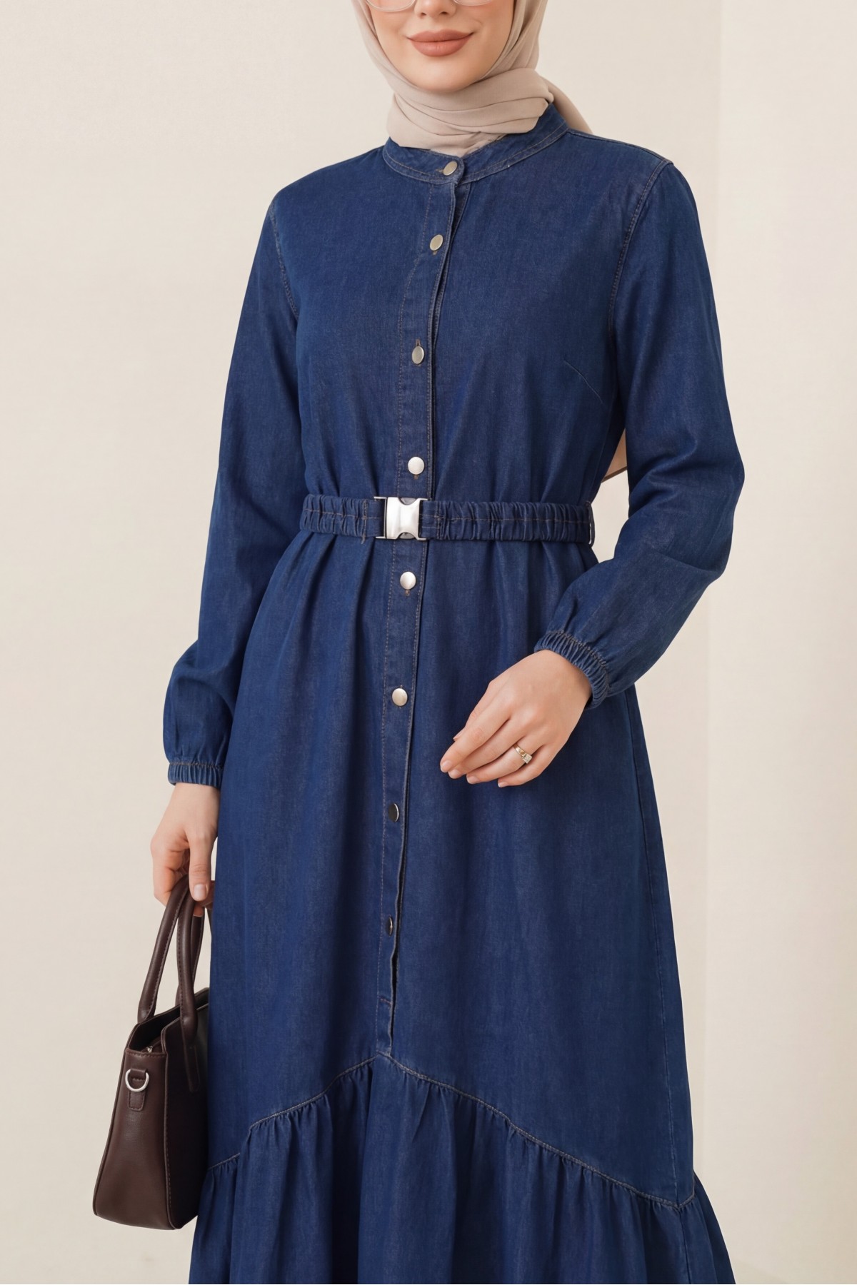 Lastik Kemerli Düğmeli Uzun Kot Elbise  -Laci