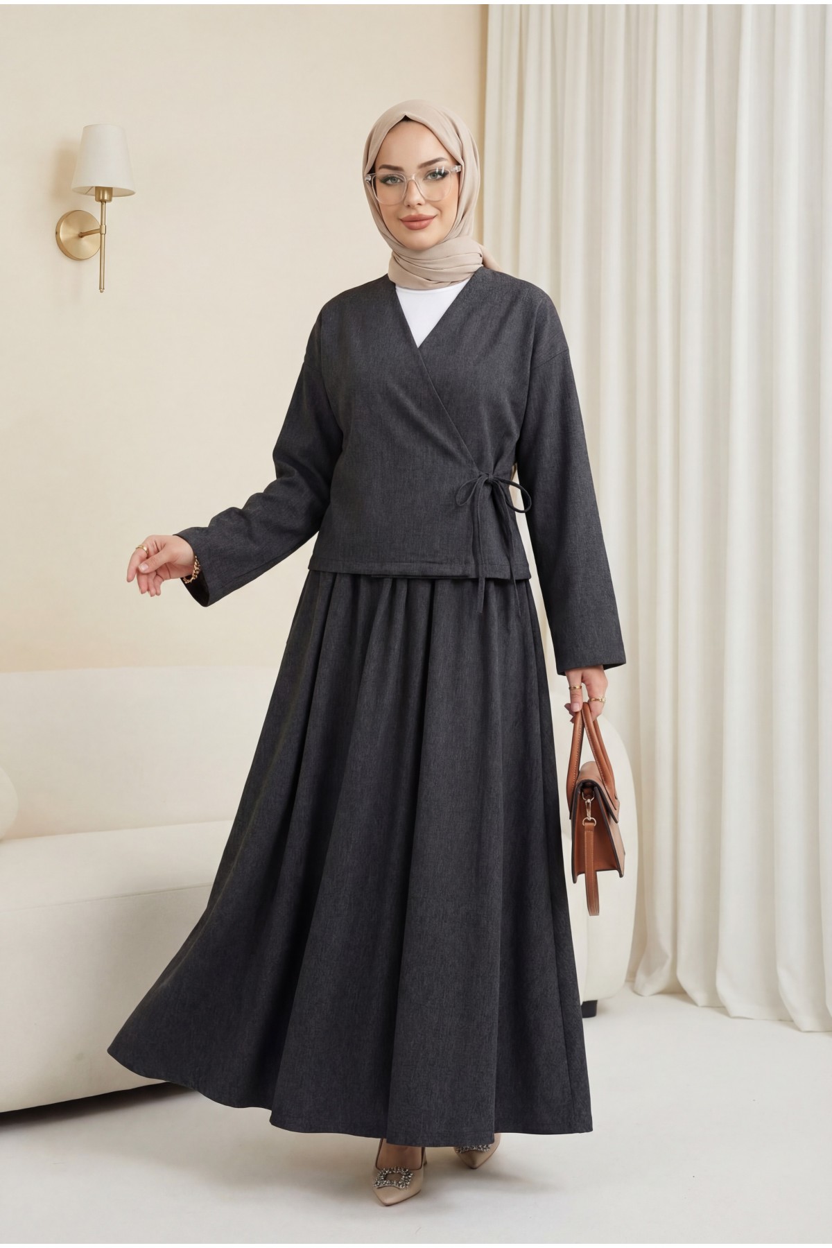 Önü Bağcıklı Etekli Yün Efekt Kışlık -Antrasit