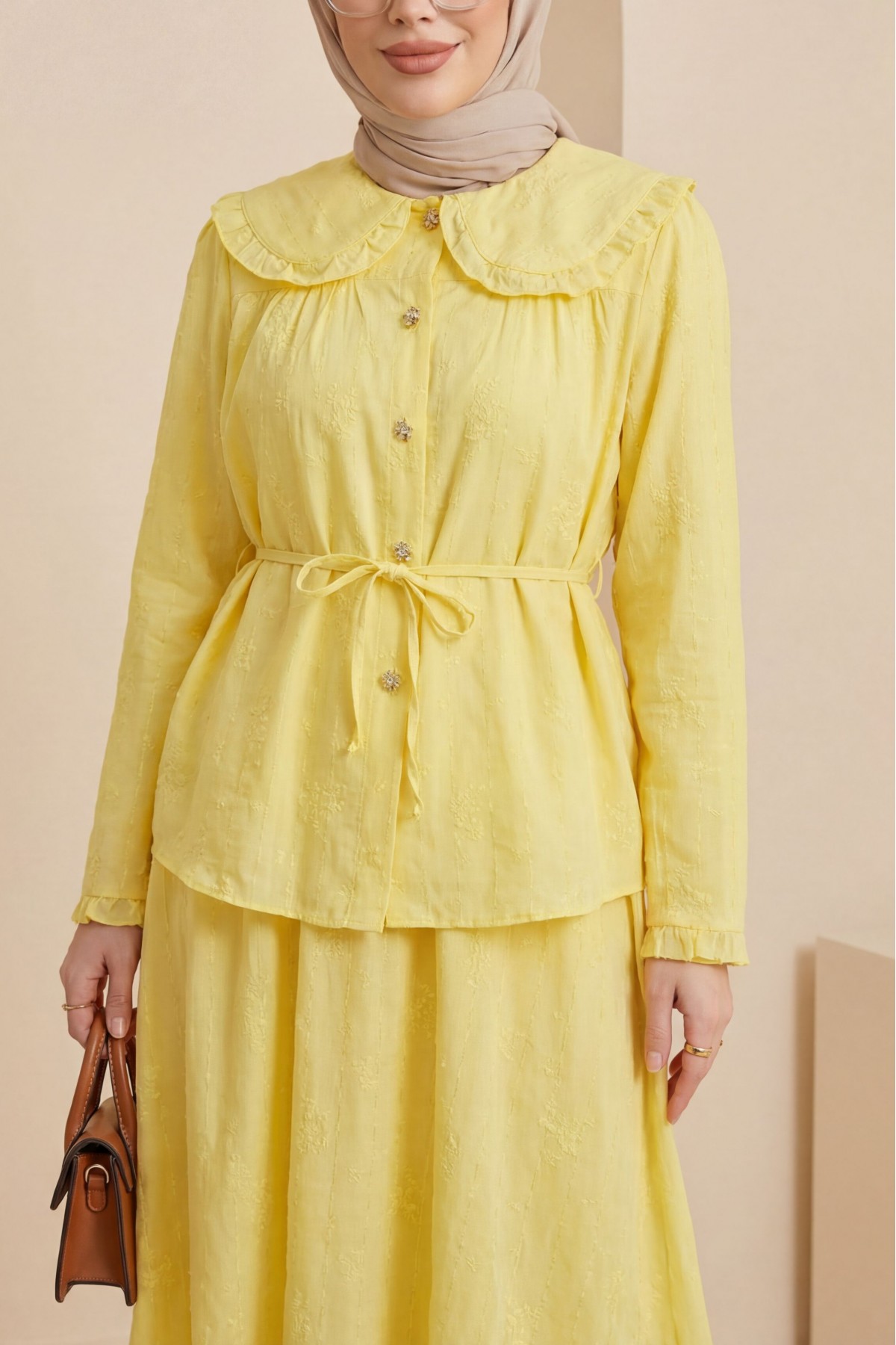 Bebe Yaka Bağcıklı Düğmeli Etekli Astarlı Keten Takım  -Sarı