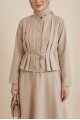 Önü Pileli Ve Düğmeli Beli Bağlamalı Etekli Krep Takım  -Bej