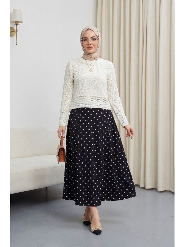 Ajurlu Desenli İnce Örgü Triko -Ekru