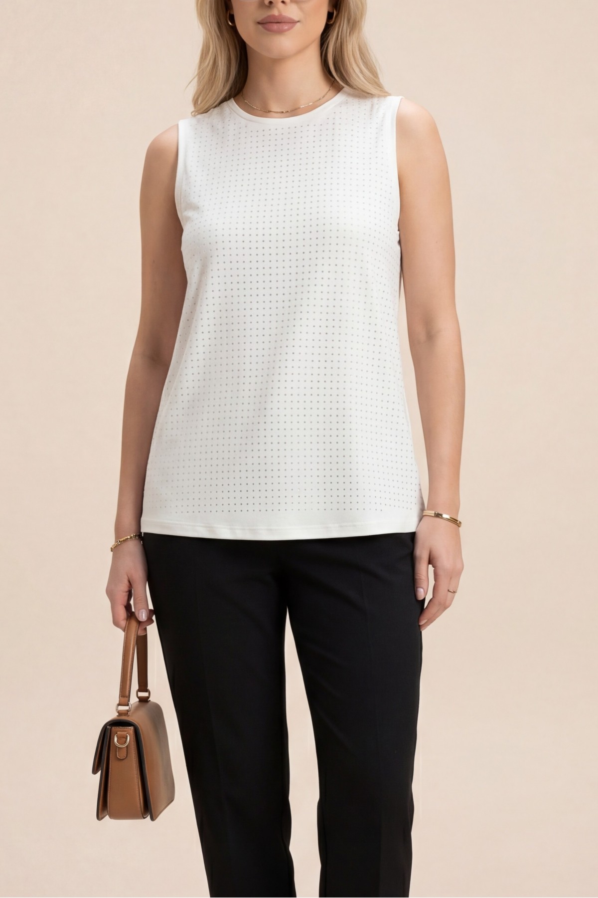 Önü Taş Detaylı Sıfır Kol İçlik -Ekru