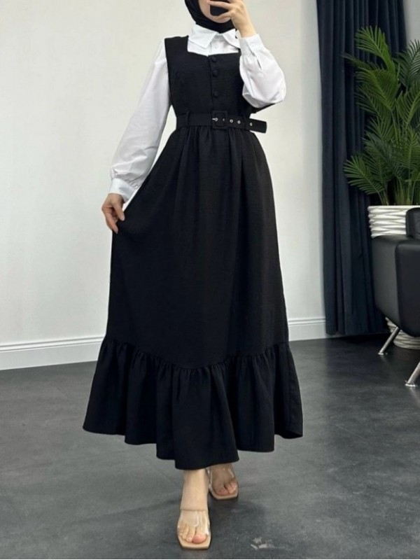 Top Düğmeli Altı Fırfırlı Beli Kemerli  Jile Elbise  -Siyah