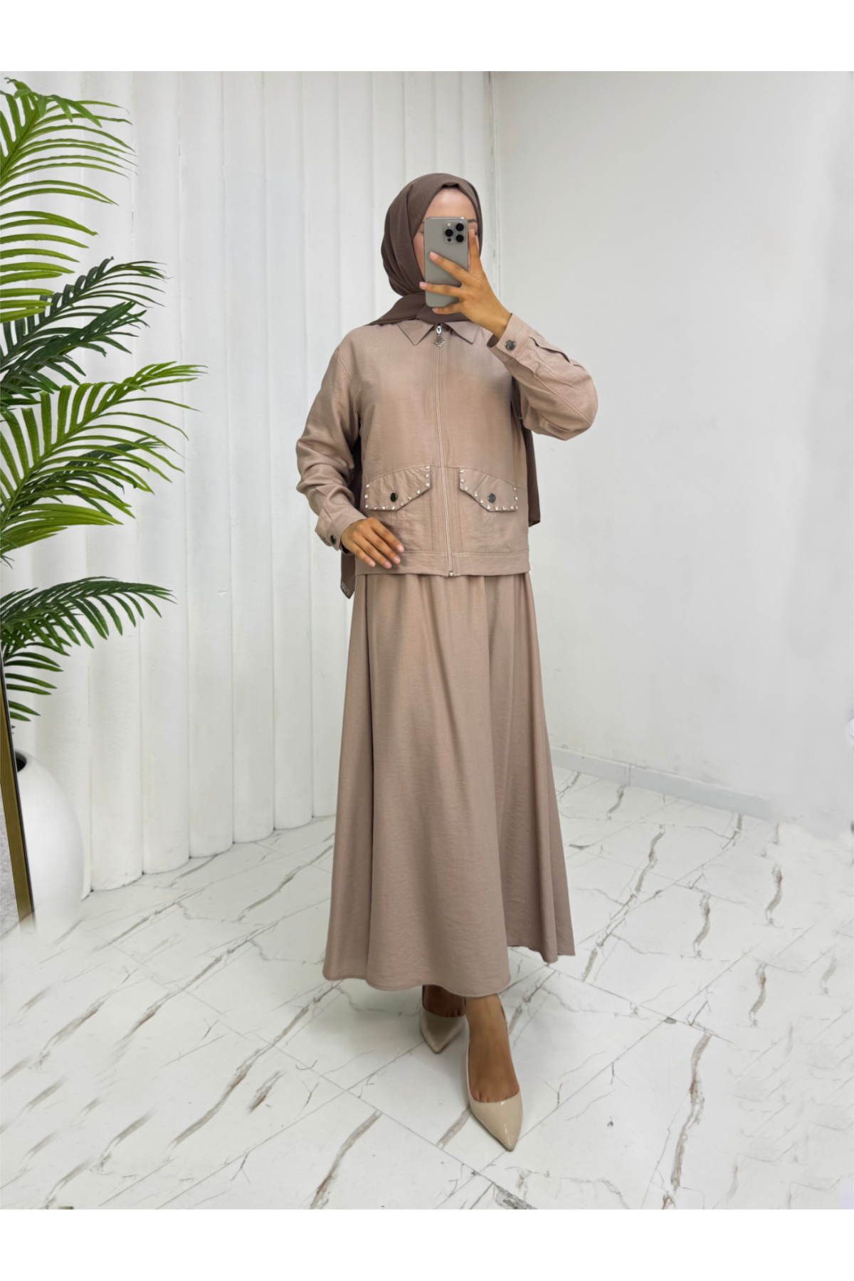 Fermuarlı Ceketli Beli Lastikli Etekli Keten Takım  -Vizon