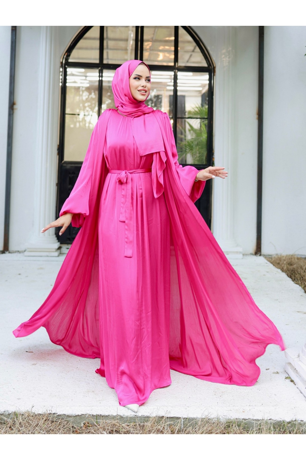 Krinkıl İpek Saten 3'lü Abaya Takım -Fuşya