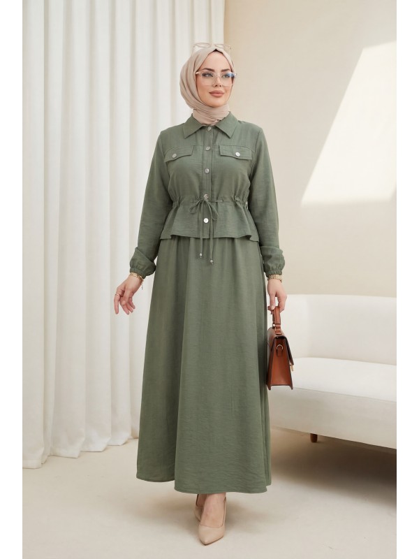 Metal Düğmeli Beli Bağlamalı Gömlek Jile Elbise -Haki