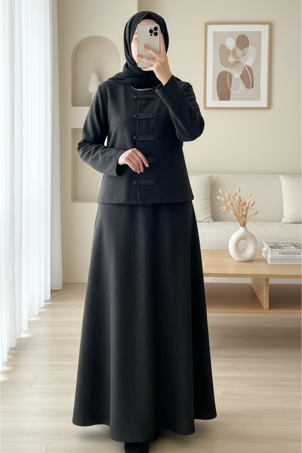 Deri Detaylı Önü Düğmeli Etekli Selanik Takım -Antrasit