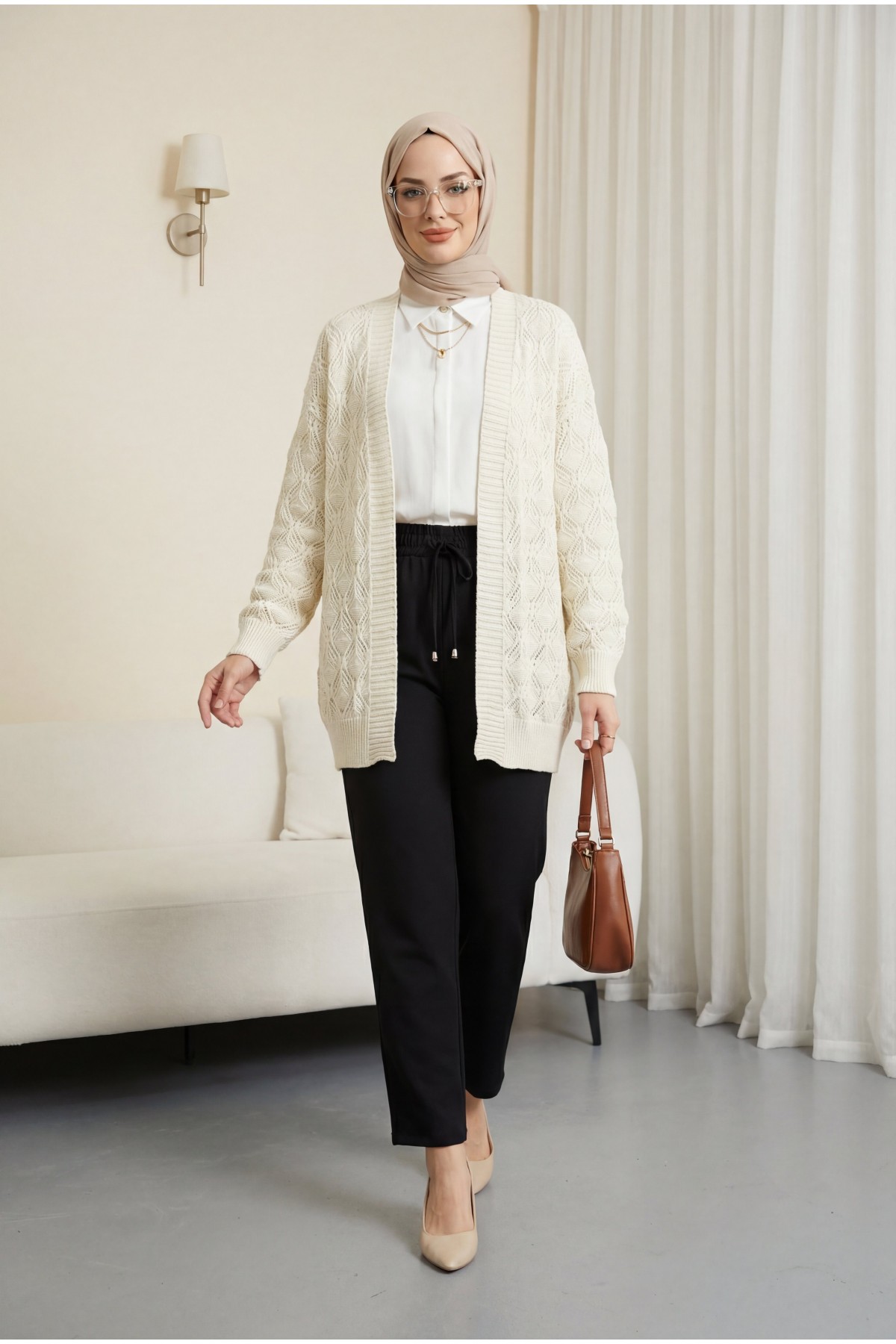 Desenli Araboy Örme Triko Hırka -Krem