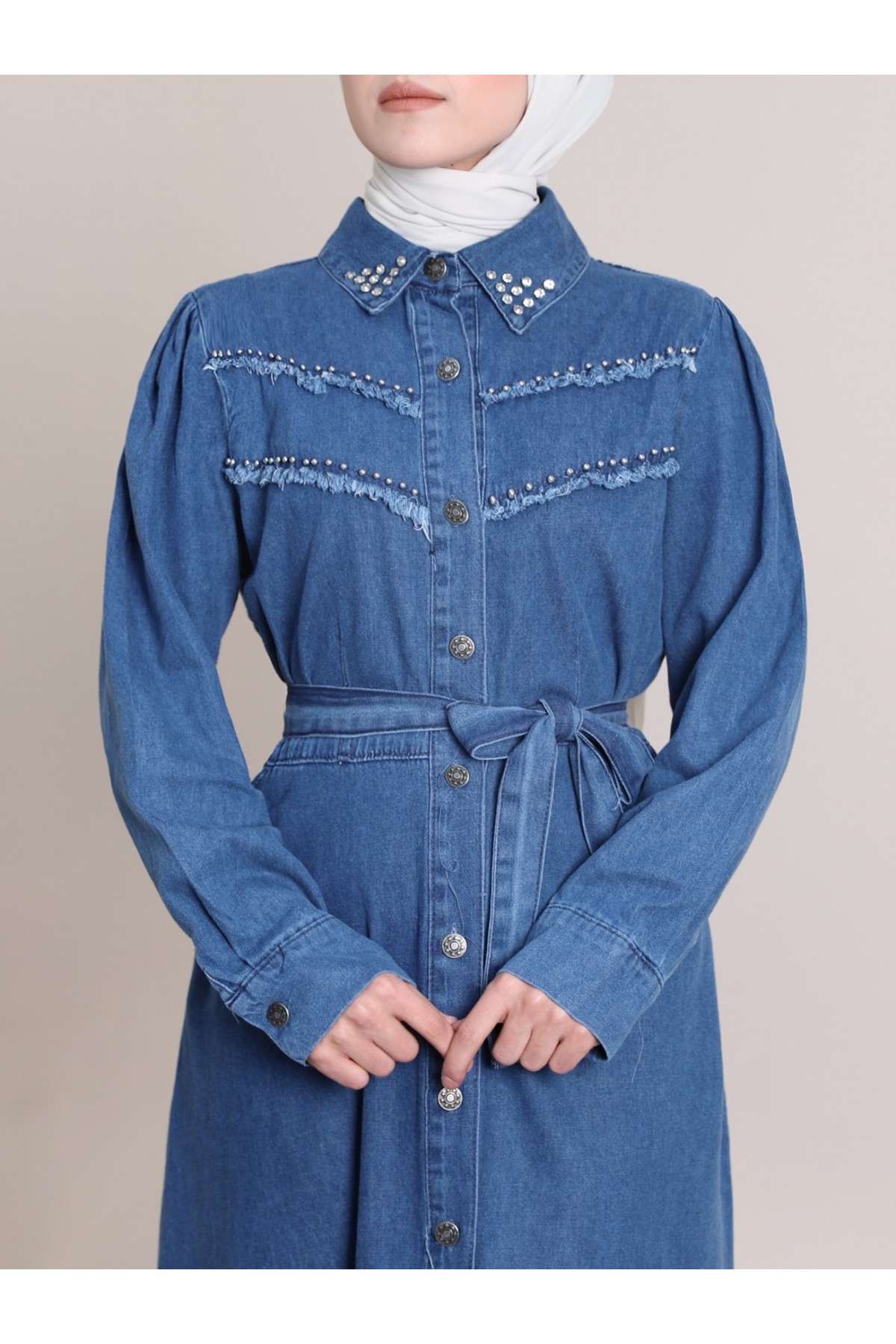 Yakası Ve Göğsü Taşlı Eskitme Kot Elbise -Koyu Mavi