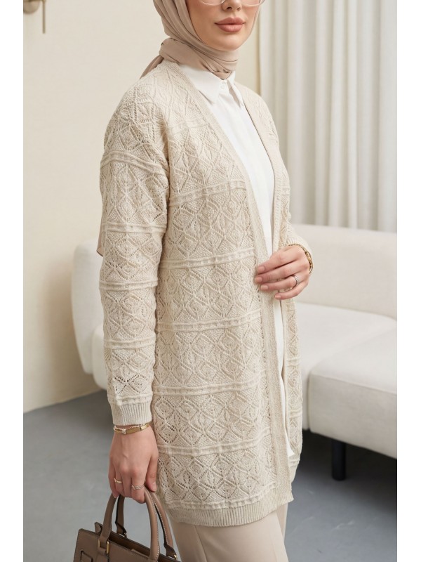 Kare Desenli Ajurlu Salaş Triko Hırka -Taş