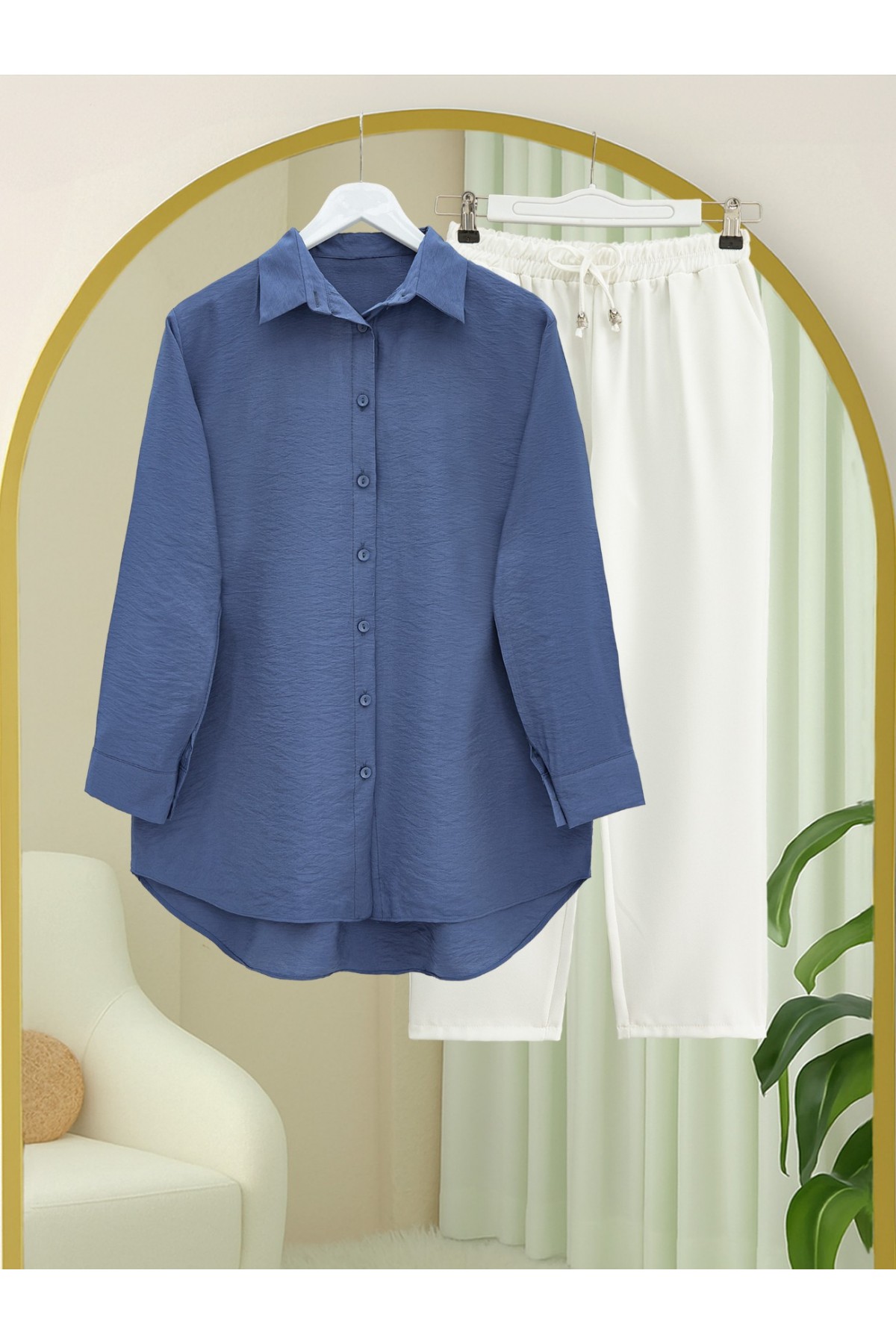 Arkası Uzun Düğmeli Poplin Gömlek -İndigo