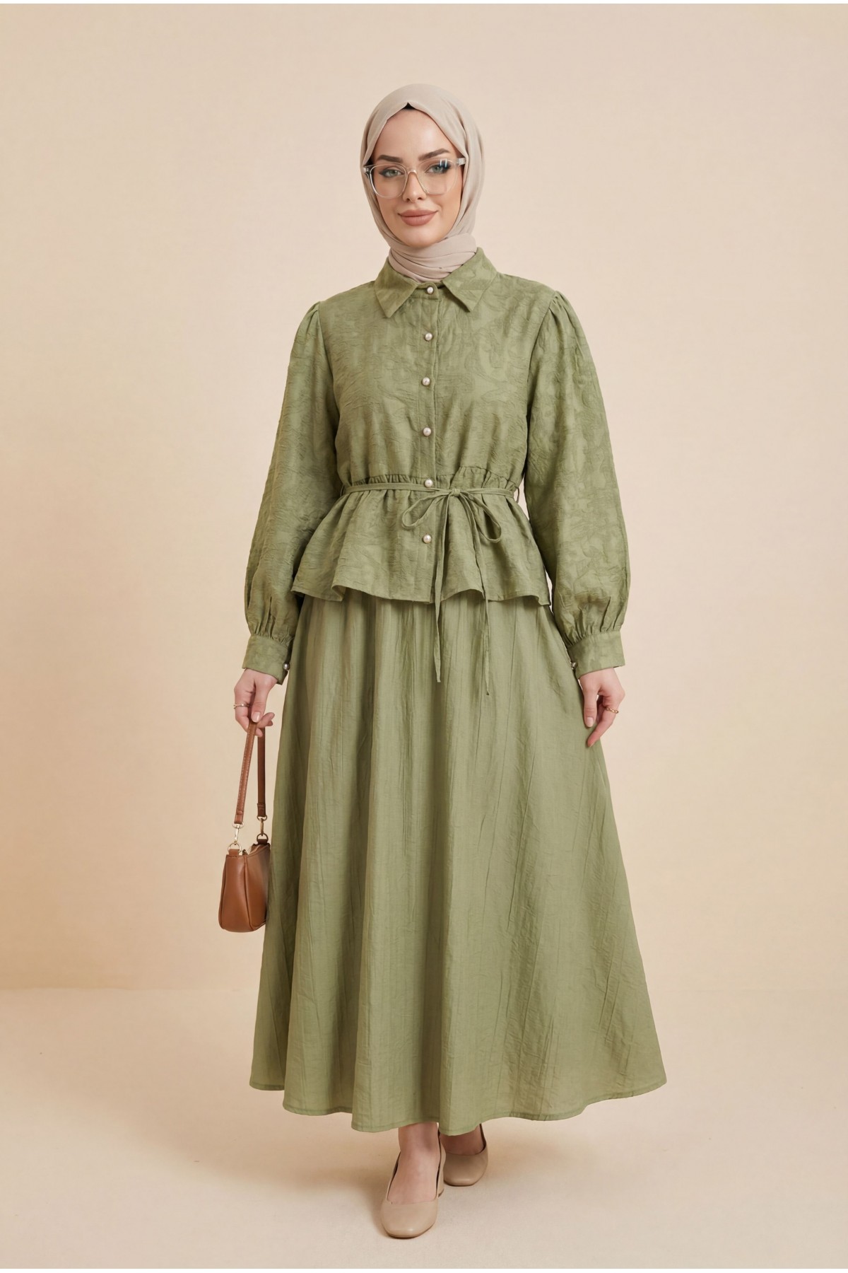 Taşlı Düğmeli Beli Bağlamalı Etekli Jakar Takım  -Çağla Y.