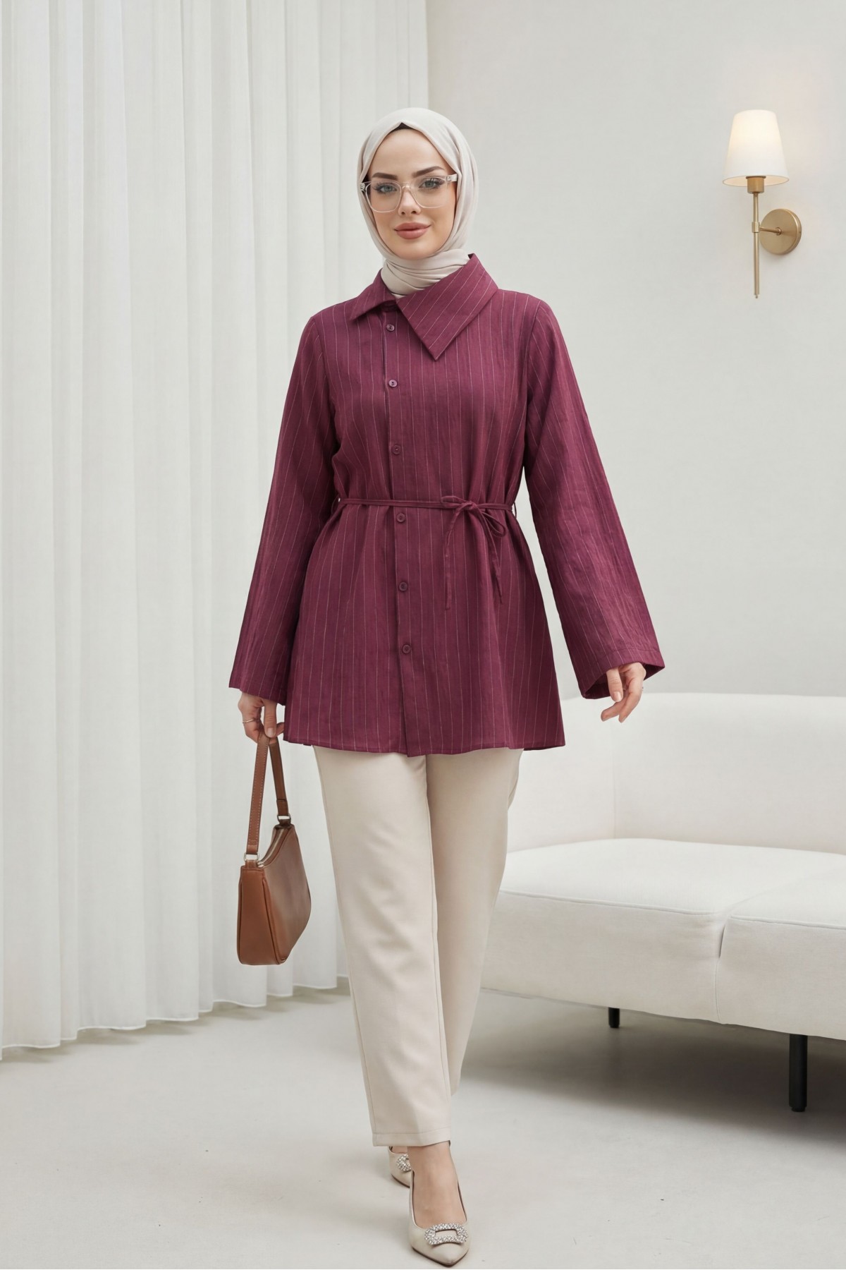 Yandan Yakalı Boydan Düğmeli Çizgili Bağcıklı Krinkıl Gömlek -Mürdüm