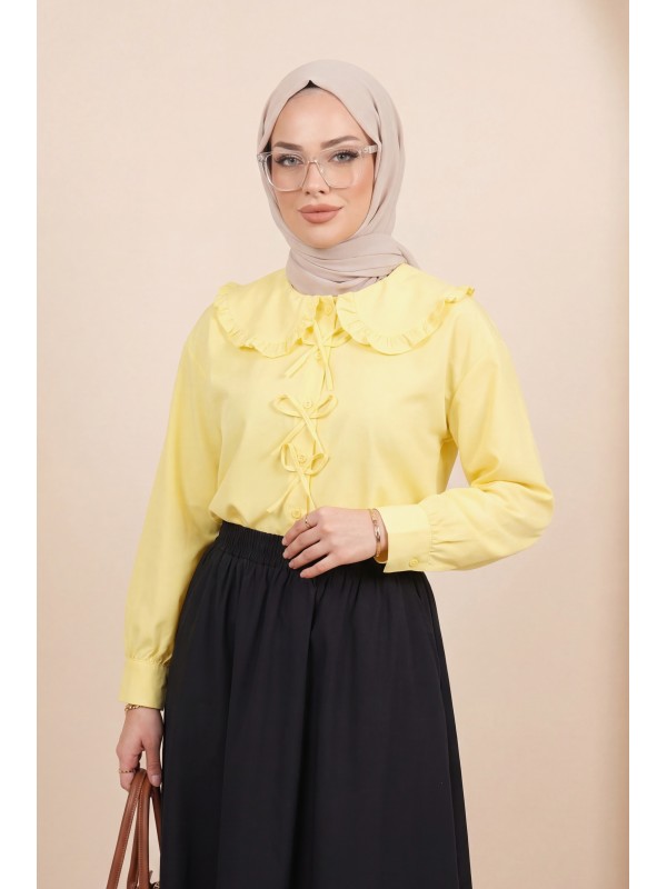 Bebe Yaka Kurdele Detaylı Gömlek     -Sarı