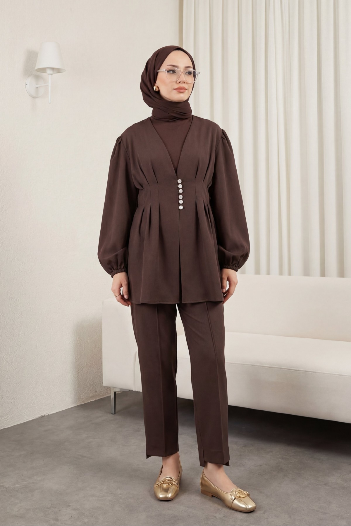 Taşlı Düğmeli Kolu Lastikli Double Pantolonlu Takım  -K. Kahve