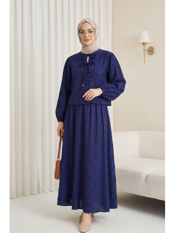 Kolu Lastikli Yakası Bağlamalı Etekli Jakar Takım   -Laci