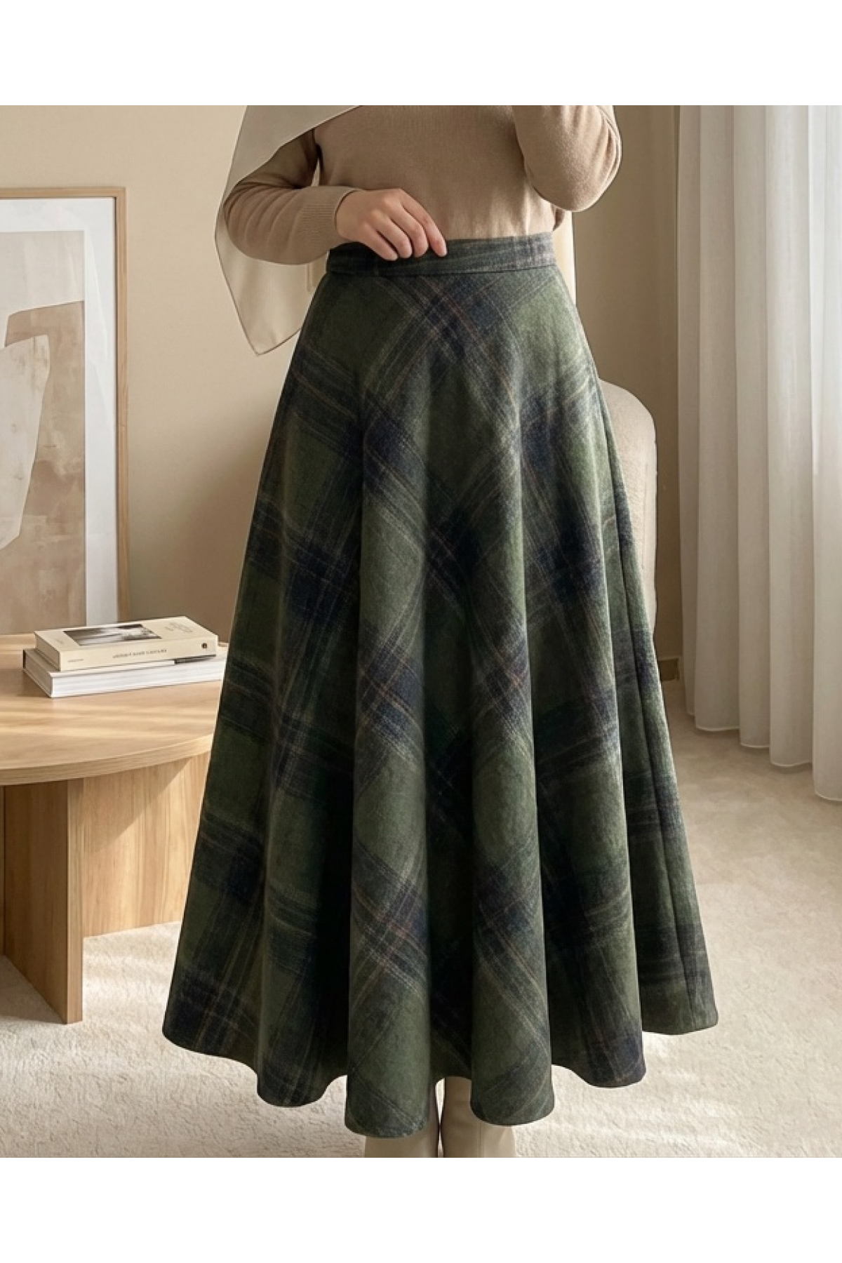 Ekose Desenli Yanı Fermuarlı  Kaşe Çan Etek -Haki