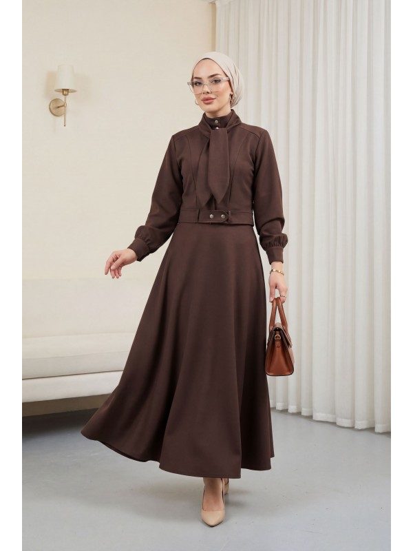 Gizli Düğmeli Fular Detaylı Etekli Diagonal Takım   -Kahve