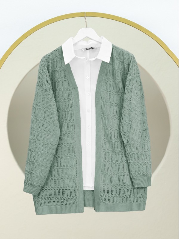 Ajurlu  Desenli Baharlık Hırka   -Mint