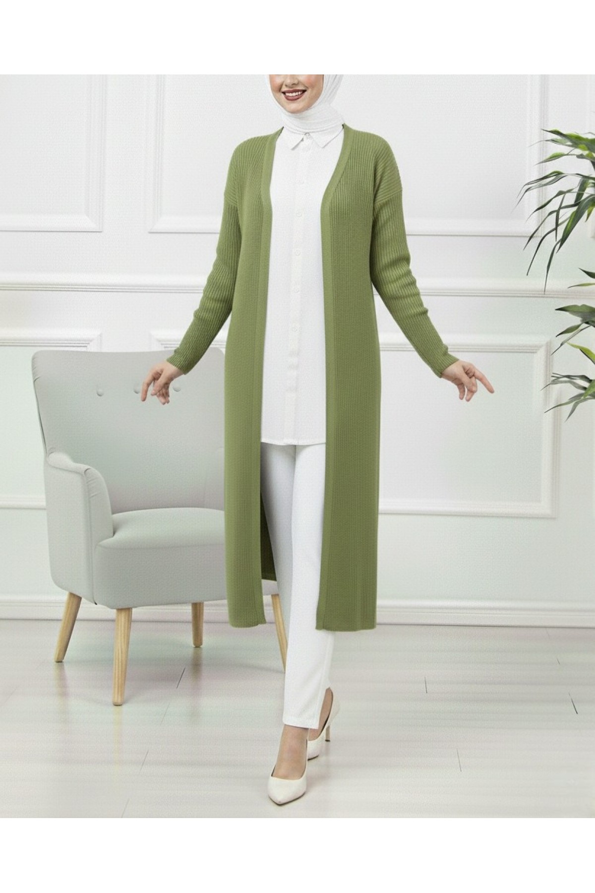 Yanları Yırtmaçlı Fitilli Uzun Triko Hırka  -Haki