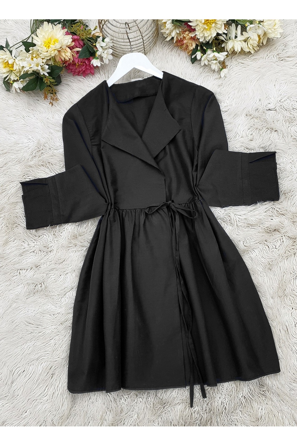 Yan Bağcıklı Kol Manşeti Yırtmaçlı Kimono -Siyah