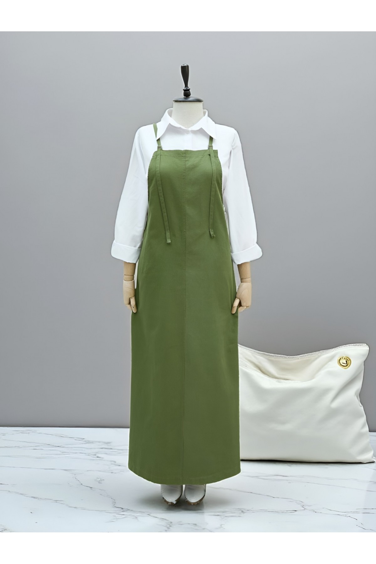 Askılı Gabardin Jile Elbise -Haki