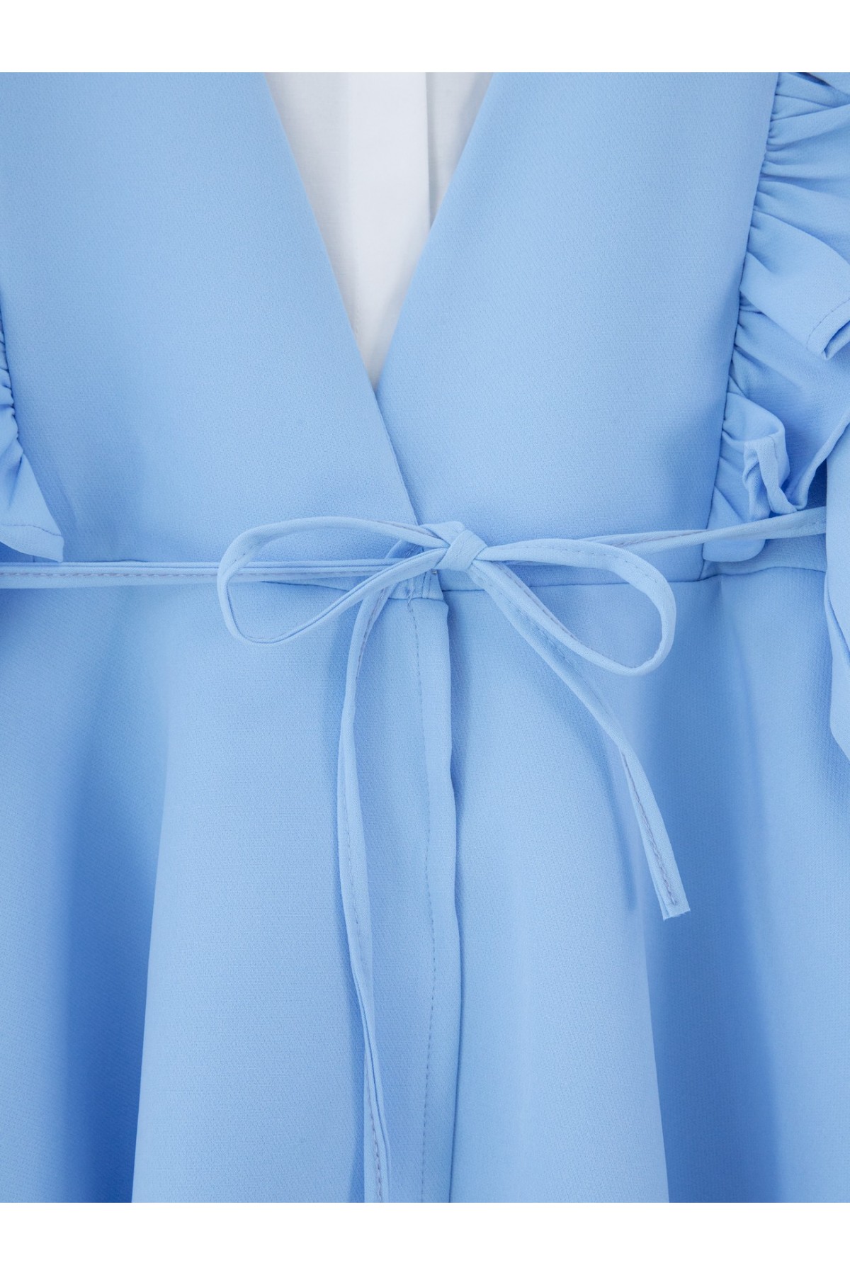 Önü Fırfırlı Bağcıklı Eteği Katlı Pantolonlu Kimono Takım    -Bebe Mavi